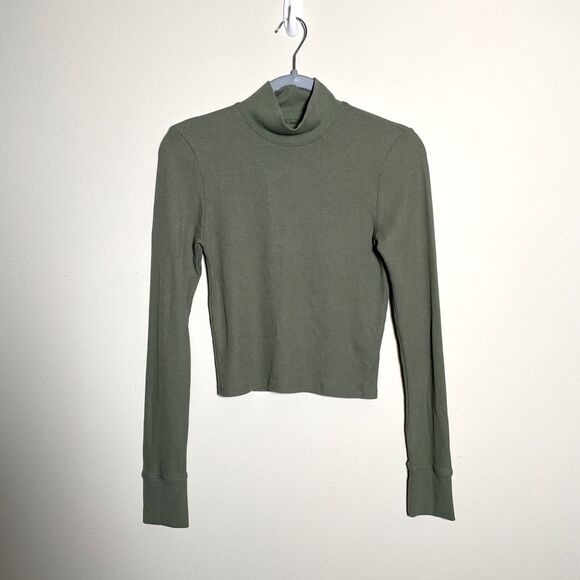 American Eagle Outfitters Tops - American Eagle Women's Green Long Sleeve Cropped Mock Neck Tee Sz Medium Casual